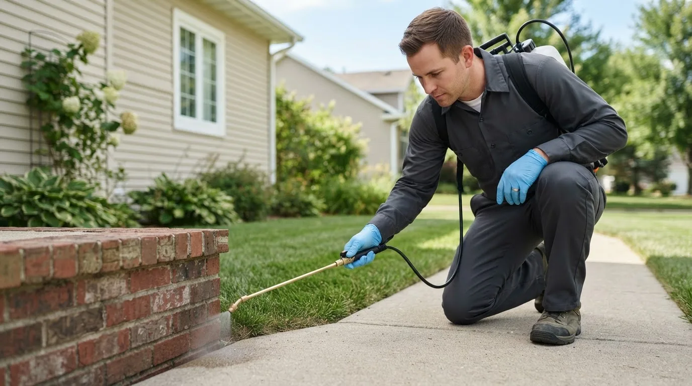 Pest control technician treating a home near Bowerston, OH