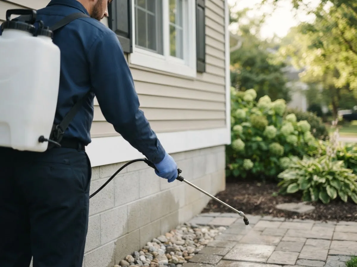 Pest control technician inspecting a home in Bowerston, OH